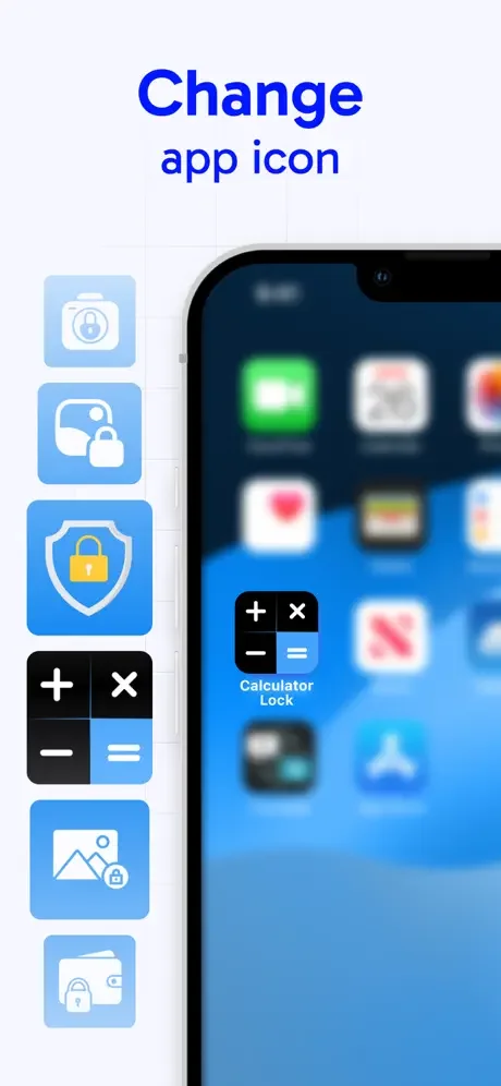 Change app icon customization menu showing multiple disguise options including calculator, camera, shield and folder icons