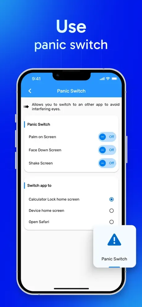 Panic switch settings screen with emergency toggles for Palm on Screen, Face Down detection and Shake gestures to quickly exit app