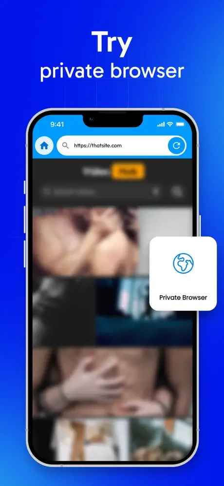 Private browser feature screen displaying secure web browsing interface with URL bar and encrypted website access functionality