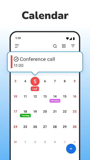 Calendar 2026 monthly view showing color-coded events: Conference call at 11:00, Training, and Sunday activities with date-based organization and event labels.