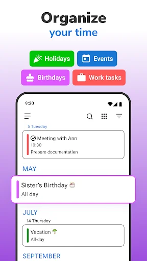 Calendar app event organization screen with four category buttons: Holidays, Events, Birthdays, and Work tasks displaying scheduled meetings and all-day activities.