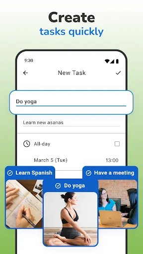 Quick task creation interface for Calendar 2026 showing task input field, description box, date/time picker, and example productivity tasks with photos.