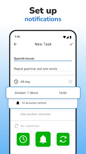 Task notification settings screen with reminder configuration, date and time picker showing October 7 at 19:00, and alarm notification options.