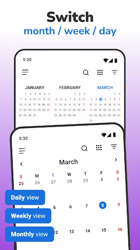 Calendar 2026 view switching feature displaying three layout options: Monthly calendar grid, Weekly calendar view, and Daily view for flexible scheduling.