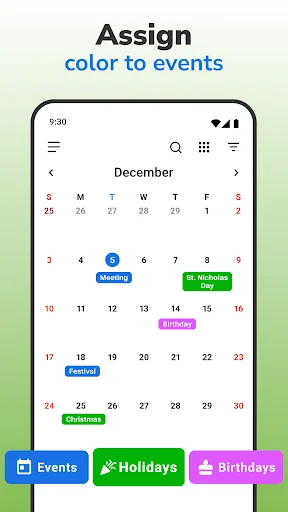 Color-coded calendar events in December with category buttons for Events, Holidays, and Birthdays to visually organize and manage your schedule.