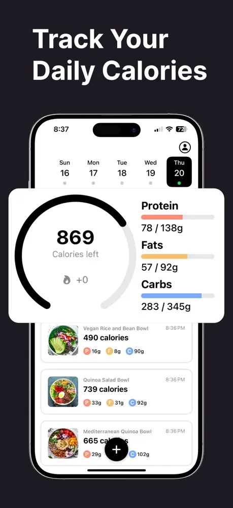 Calorie and macro tracker dashboard showing daily calorie allowance, protein, fats, carbs intake, and logged meal entries