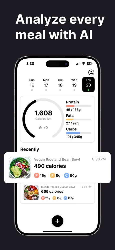AI meal analyzer displaying daily calories remaining, protein fat and carb macros, and recent food entries to analyze