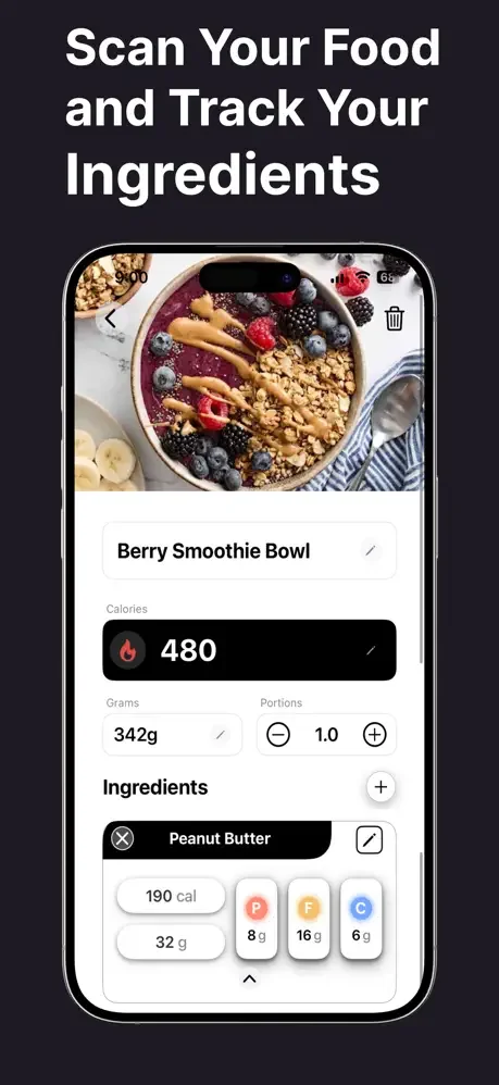 Food ingredient tracker showing Berry Smoothie Bowl calories and ingredient list with macro breakdown for peanut butter