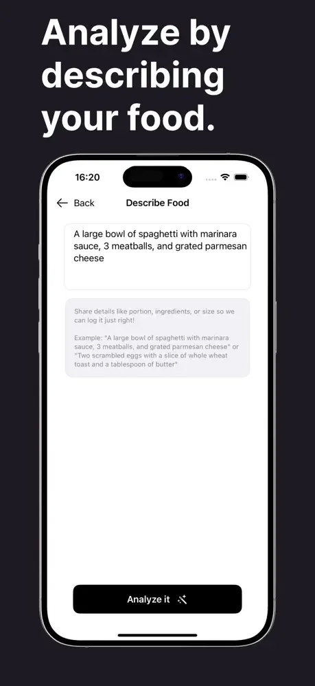 AI-powered food analyzer accepting text descriptions of meals to calculate nutritional content and calorie information