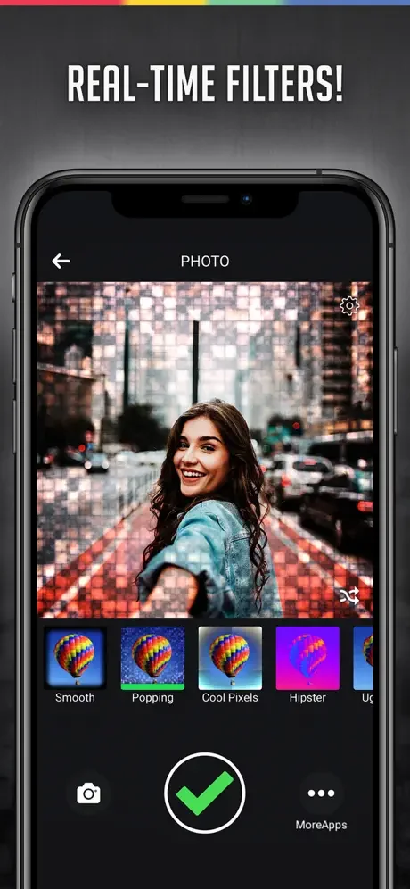Real-time photo filters interface showing preview with Smooth, Popping, Cool Pixels, and Hipster filter effect options