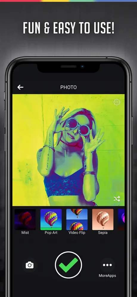 Camera photo editor with thermal Mist effect and Pop Art, Video Flip, Sepia color filters for easy photo editing