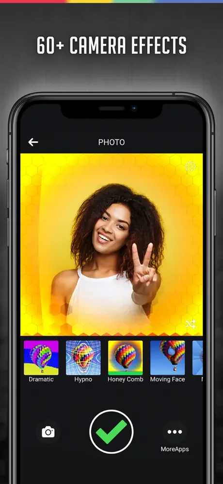 Mobile photo effects app with 60+ camera effects including Dramatic, Hypno, Honey Comb, Moving Face filters preview