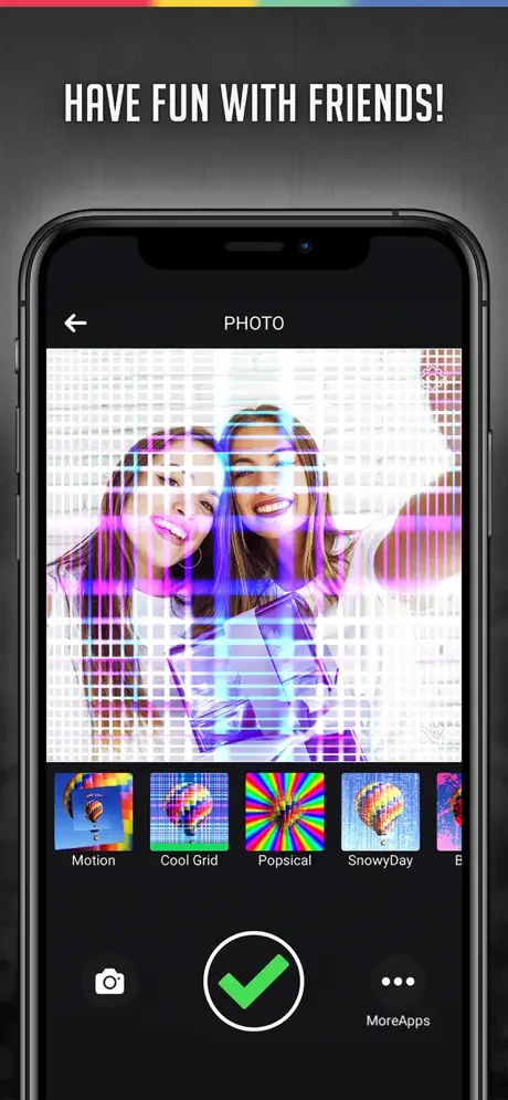Creative photo filter app with digital grid effect and Motion, Cool Grid, Popsical, SnowyDay filters for sharing