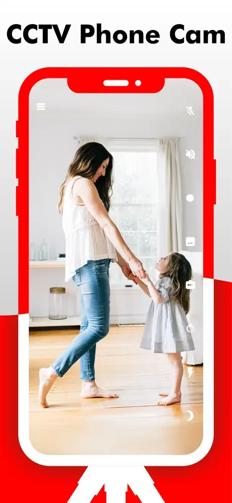 Camy live video surveillance showing woman and child in bright living room with monitoring icons and CCTV phone camera controls on right side