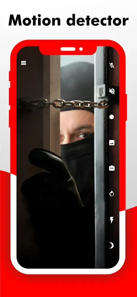 Motion detector alert feature in Camy displaying person peeking through doorway with chain lock, demonstrating motion-activated security detection