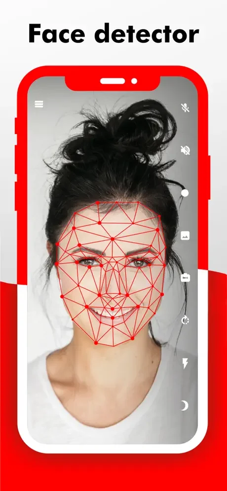 Face detector feature showing woman's face with red geometric mesh overlay for facial recognition technology in Camy surveillance app