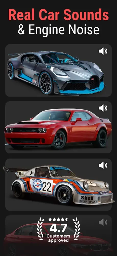 Real Car Sounds app home with featured cars, speaker icons, and 4.7-star customer approval rating