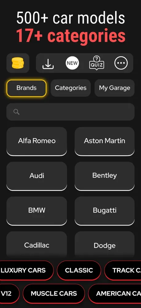 Car Sounds app Brands browser displaying 500+ car models including Alfa Romeo, Aston Martin, Audi, and luxury brands