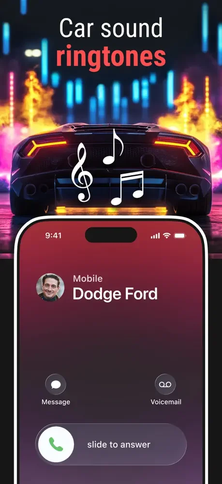 Car sound ringtones feature showcasing Dodge Ford ringtone incoming call screen with message and voicemail options