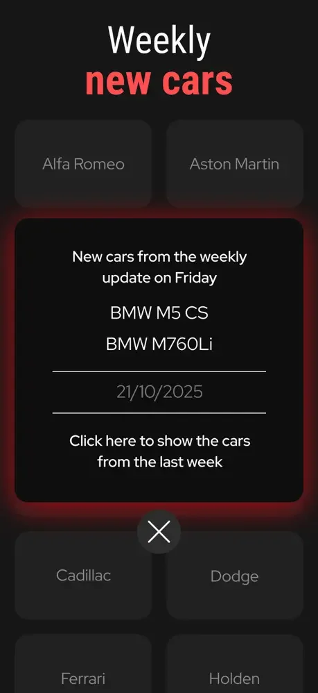 Weekly new cars update screen displaying latest car models released Friday with BMW M5 CS and M760Li additions