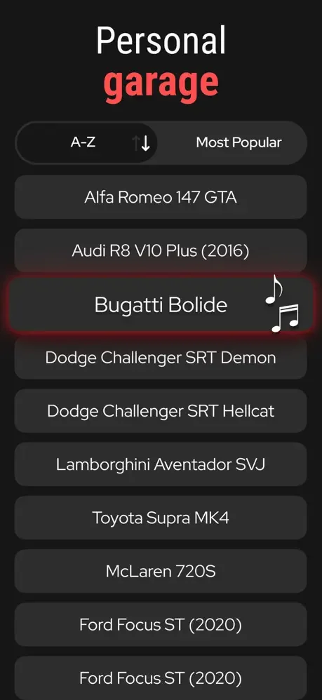 Personal garage feature showing saved favorite cars including Bugatti Bolide, McLaren, and Lamborghini with A-Z sorting