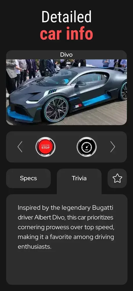 Detailed car info for Bugatti Divo with car photo, control buttons, Specs and Trivia tabs, and driving enthusiast description