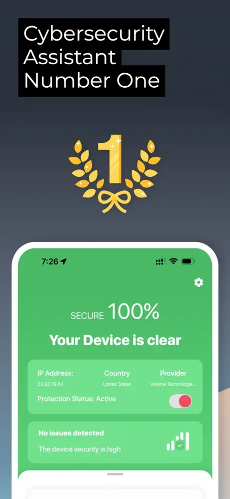Device security dashboard showing 100% protection status, IP address info, active protection toggle, and security analysis