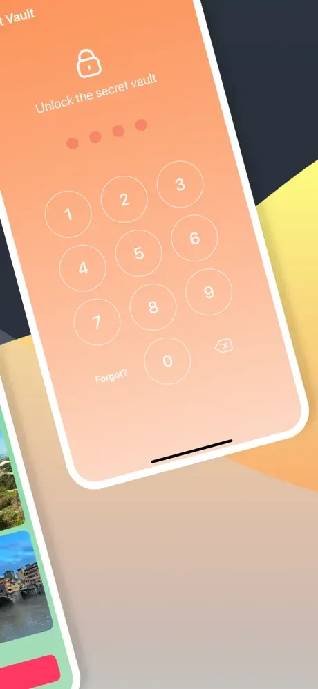 Secret Vault PIN code unlock screen with numeric keypad and forgotten password recovery option for data protection