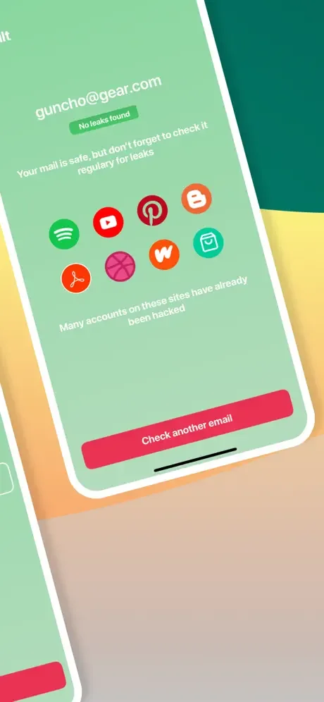 Email breach checker displaying hacked social accounts including Spotify, YouTube, Pinterest, Blogger, and other services