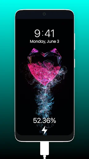 Lock screen charging animation featuring glowing pink heart with particle effects and 52.36% battery indicator