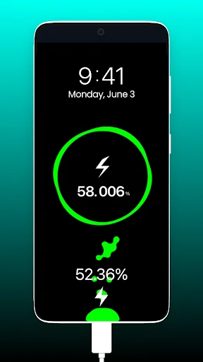 Battery charging animation lock screen featuring green circular progress gauge at 58% charge