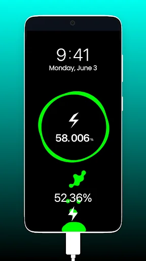 Lock screen battery animation with green circular charging progress ring and lightning bolt icon at 58% charge