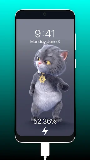 Cute gray fluffy cat character lock screen charging animation with yellow eyes and bell collar