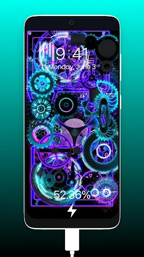 Neon purple and cyan mechanical gears lock screen charging animation with futuristic effects