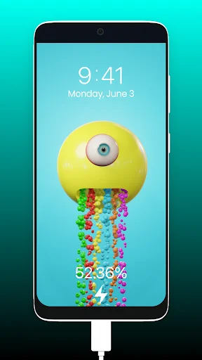 Yellow round character lock screen animation with colorful particle stream and 52.36% battery display