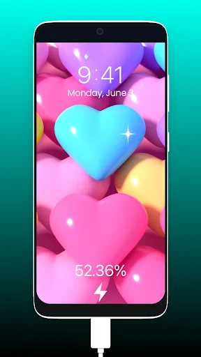 3D pink and cyan glowing heart shapes lock screen charging animation with light effects