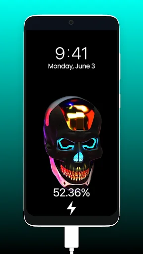Neon skull with colorful glowing effects lock screen charging animation at 52.36% battery