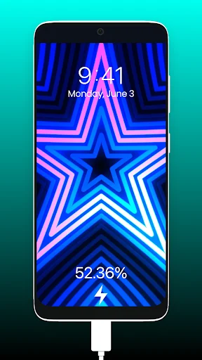 Blue and pink neon geometric star pattern lock screen charging animation design