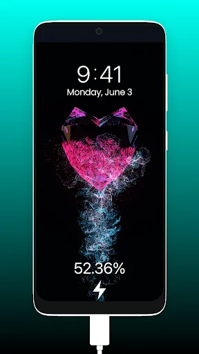 Personalized lock screen charging animation with pink glowing heart particles and battery indicator