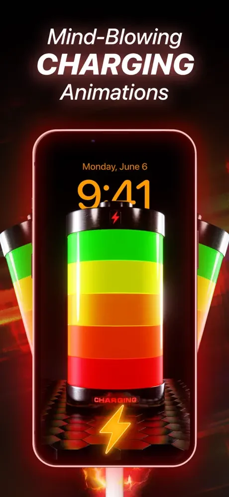 Mind-Blowing Charging Animation with colorful gradient battery display, time, and neon red frame on smartphone lock screen