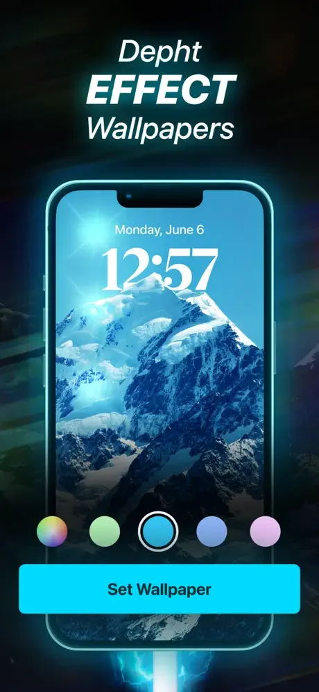 Depth Effect Wallpaper preview with snowy mountain scene, time 12:57, color palette options, and Set Wallpaper button