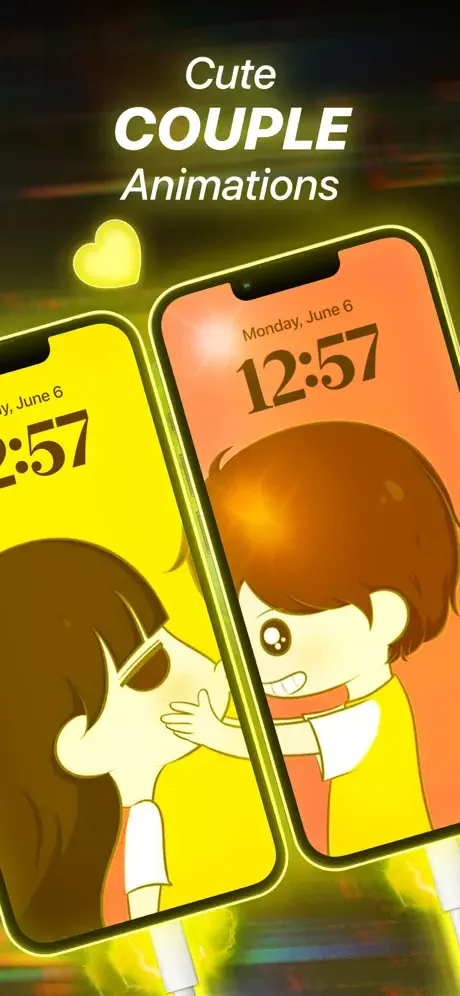 Cute Couple Animations: Two phones with animated couple characters, yellow heart icon, and custom lock screen designs