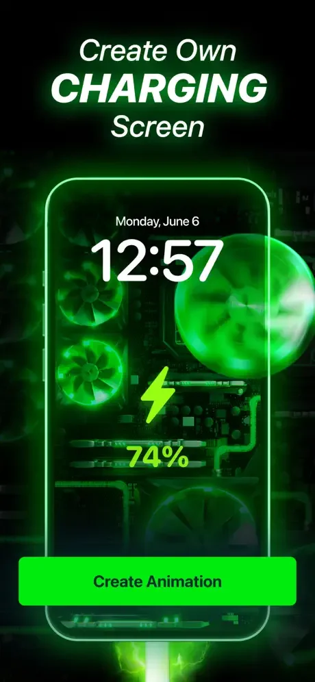 Create Own Charging Screen: Customizable green neon charging animation with battery percentage, gears, and Create Animation button