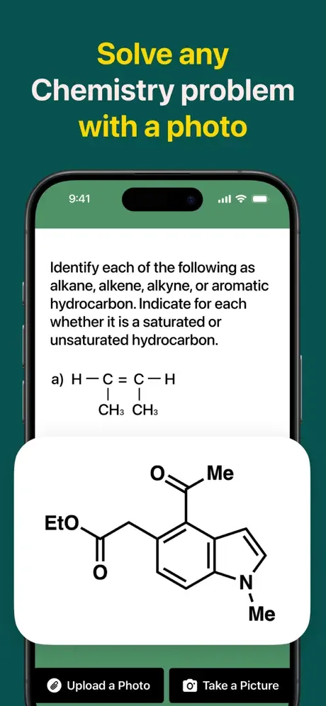 Chem AI app home screen with options to upload or take photo of chemistry problems for instant solving