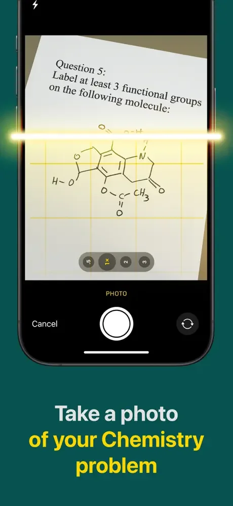 Chemistry problem camera capture interface for photographing equations and molecular structures to solve