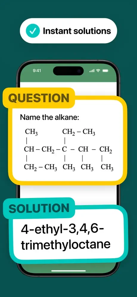 Instant chemistry solution displaying alkane compound naming with immediate step-by-step answer from app