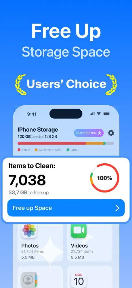 iCleaner storage cleanup interface showing iPhone 120GB used of 128GB with 7,038 items to clean and 33.7GB space to free
