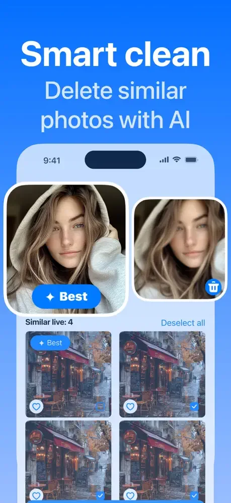 iCleaner AI-powered duplicate photo detection identifying similar portrait photos with best quality selection for deletion