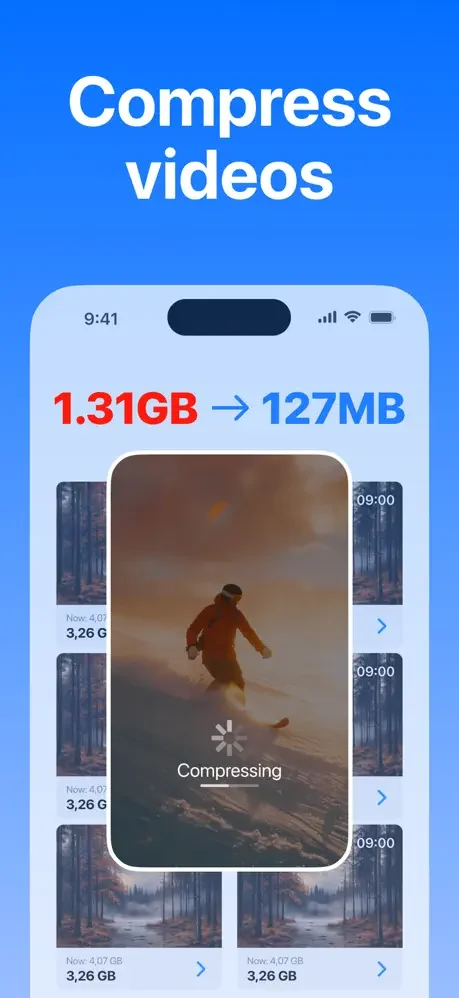 iCleaner video compression feature compressing 1.31GB video files down to 127MB displaying batch compression progress