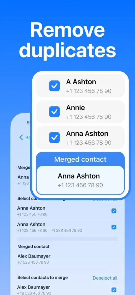iCleaner duplicate contact removal interface merging similar contacts like Anna Ashton and displaying merged results